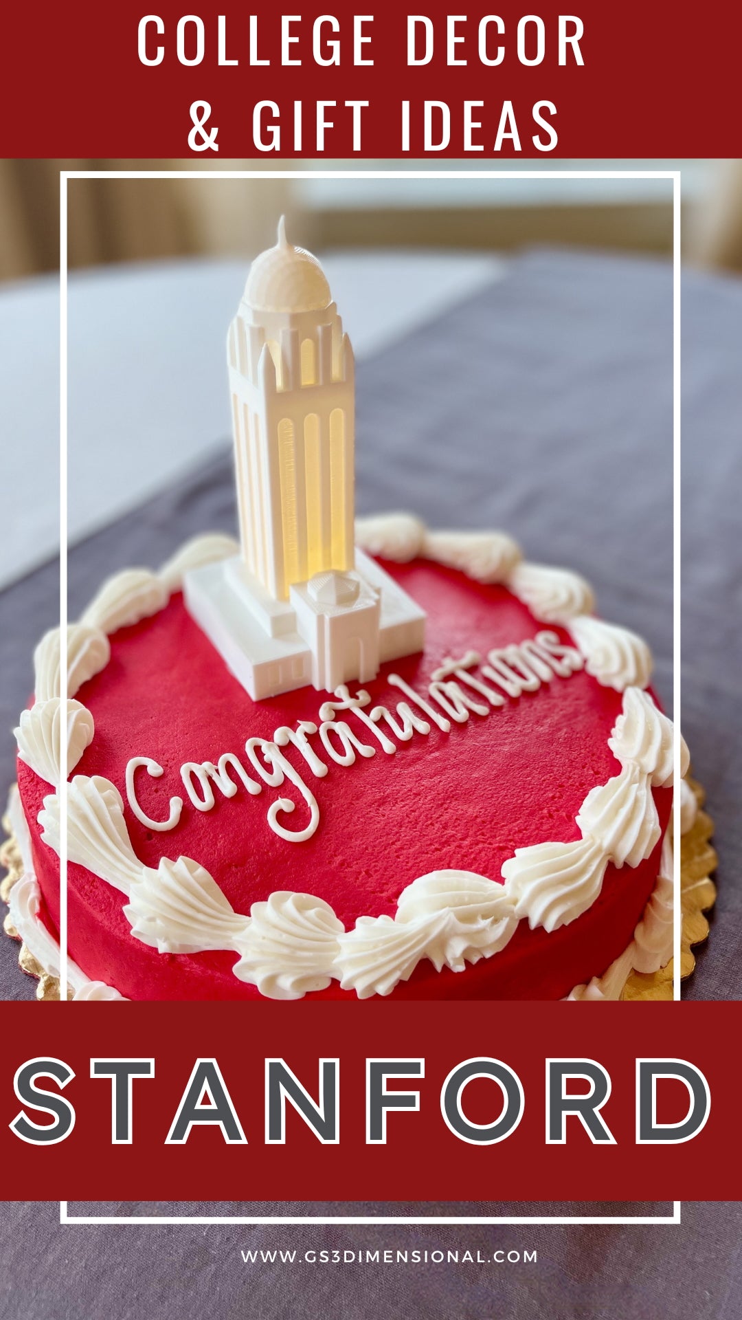 The Stanford cake topper shown on a groom's cake or graduation cake and depicting Hoover Tower.