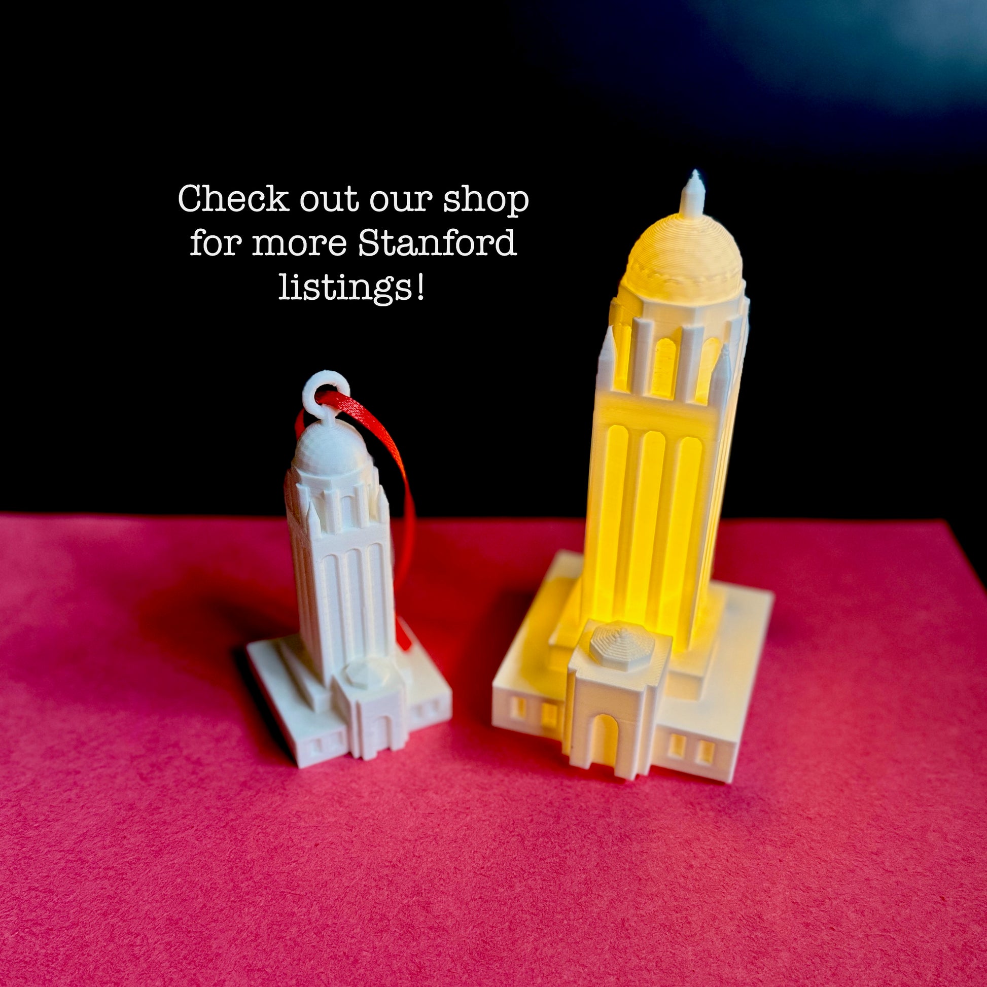 The Stanford Hoover Tower Figurine shown next to the Stanford ornament