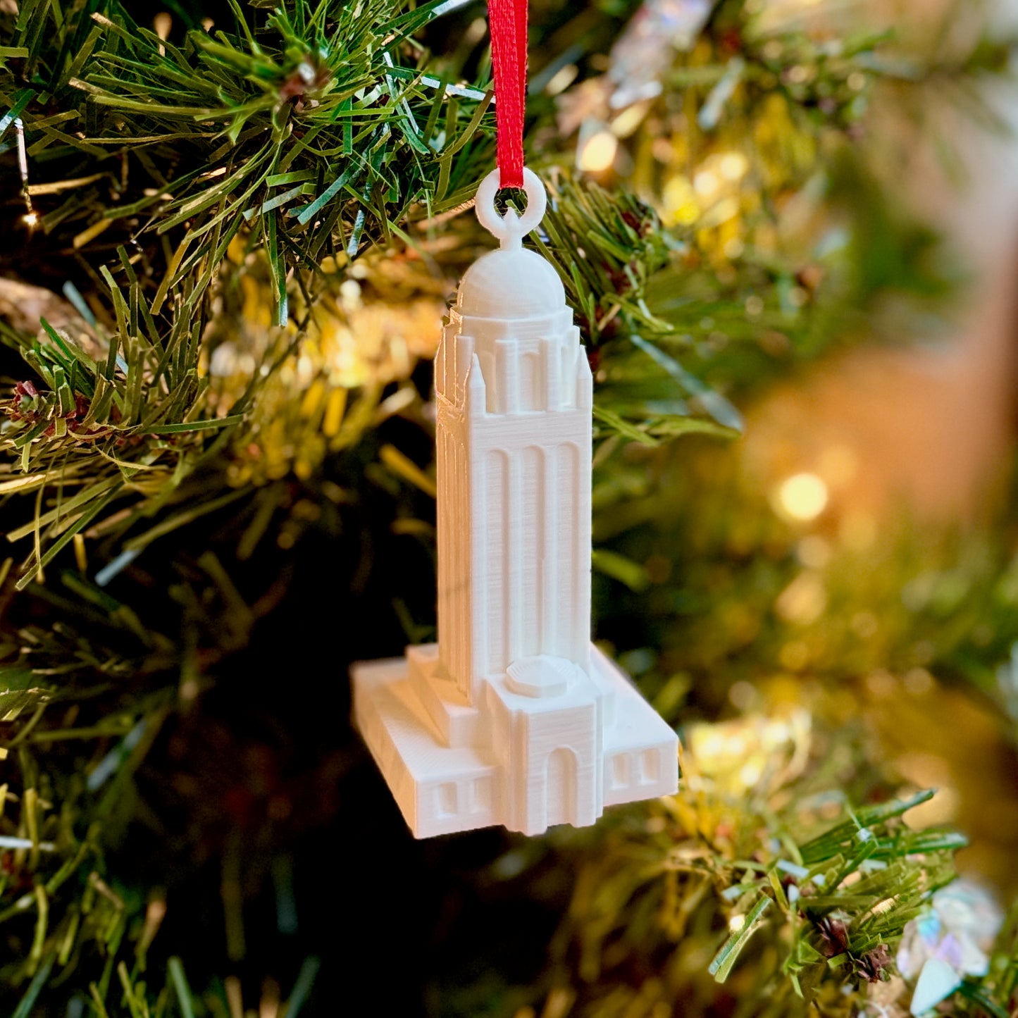 The Stanford Hoover Tower Ornament on a Christmas tree.
