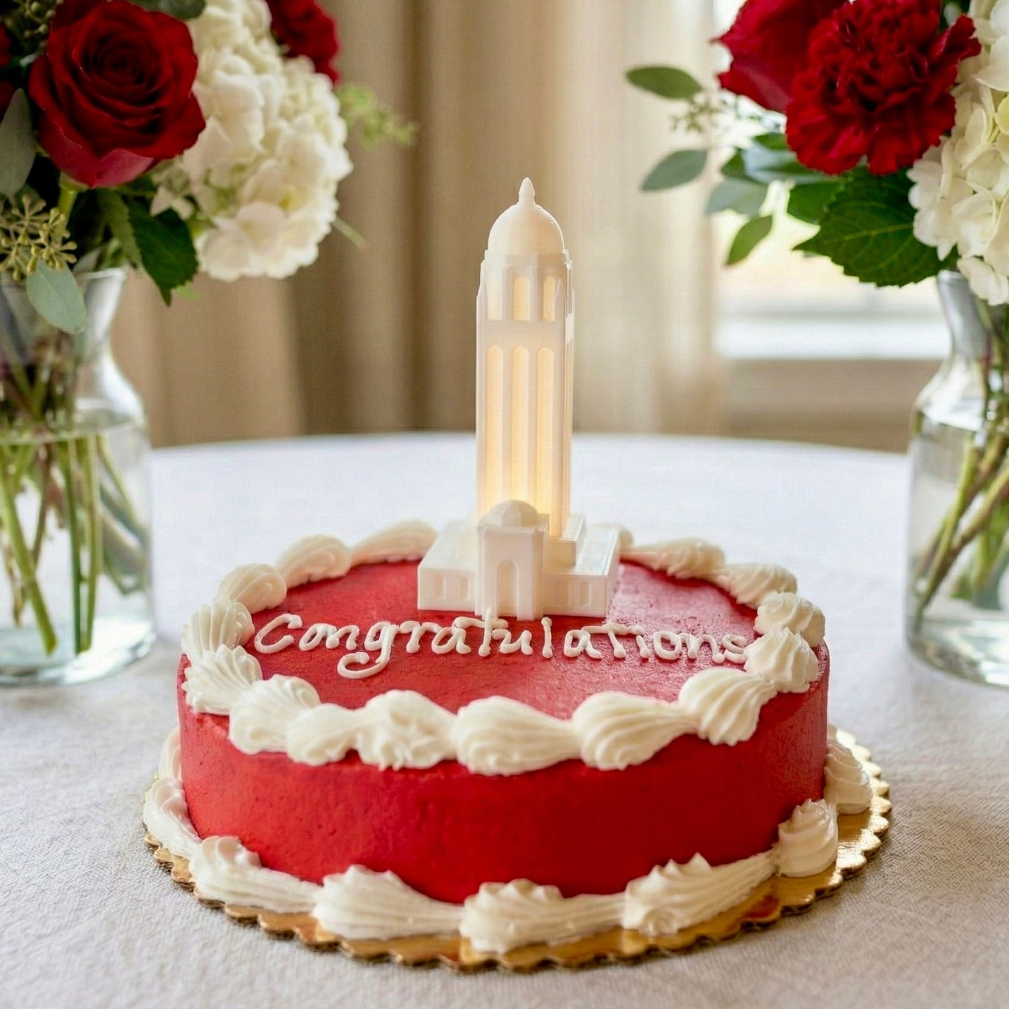 The Stanford figurine with an LED light, designed as a cake topper and used at a party for a Stanford graduate.