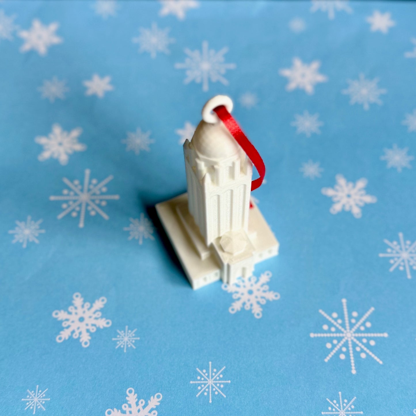 Top view of the Stanford stocking stuffer ornament.