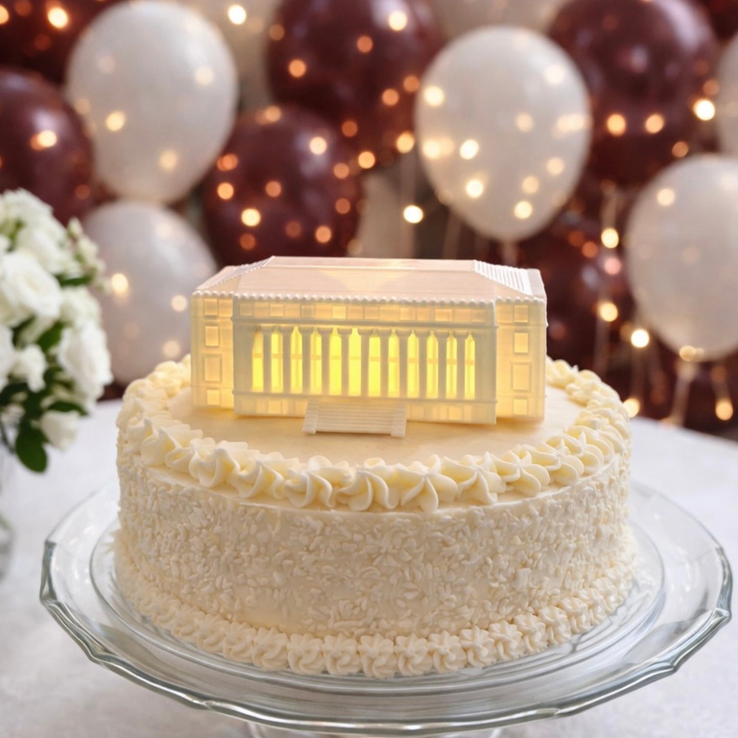 Texas A&M graduation party cake with LED topper, elegant Aggie celebration decor centerpiece