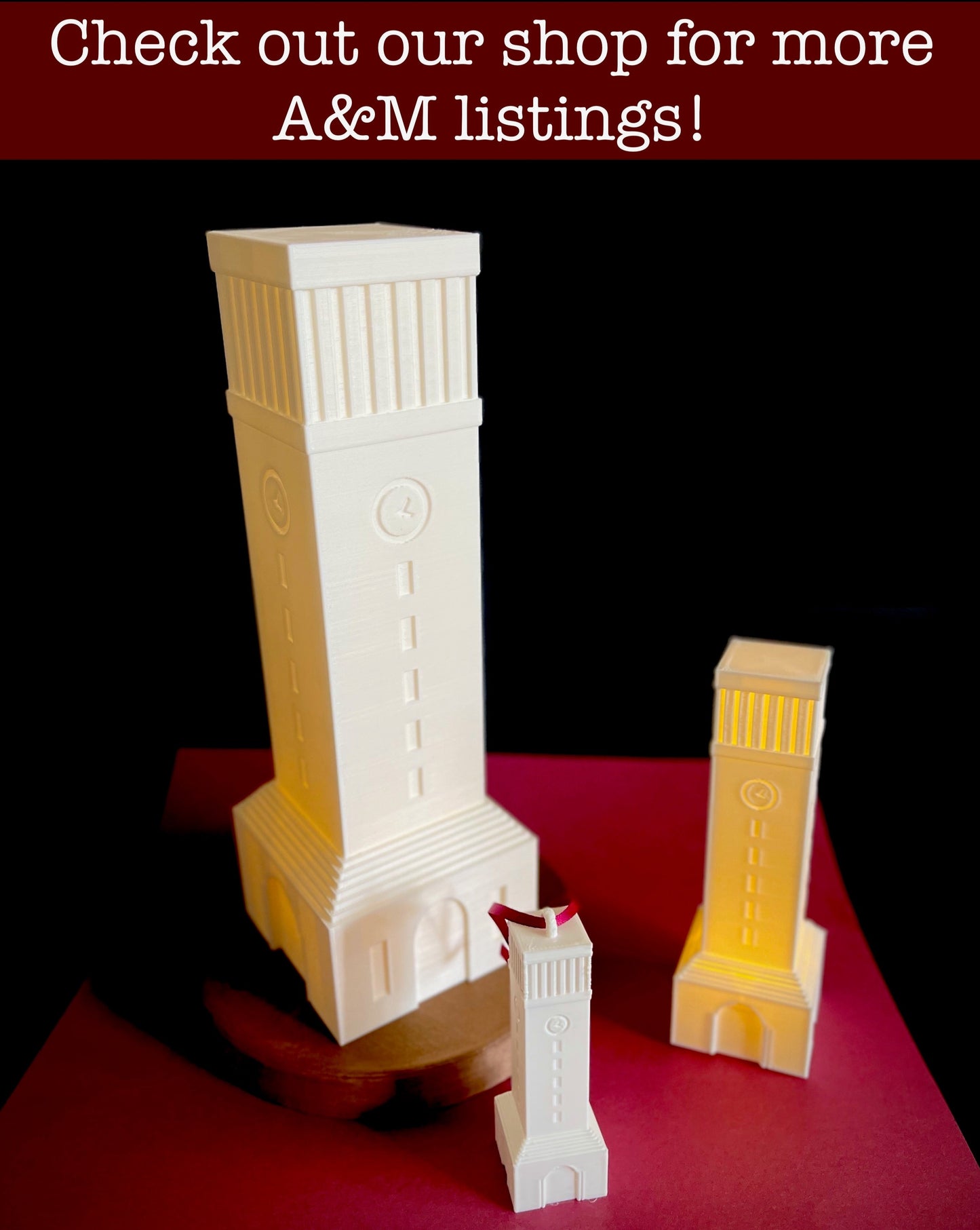 Texas A&M gift ideas: lights designed as the Albritton Tower on campus and shown in varying sizes, next to the Texas A&M ornament.