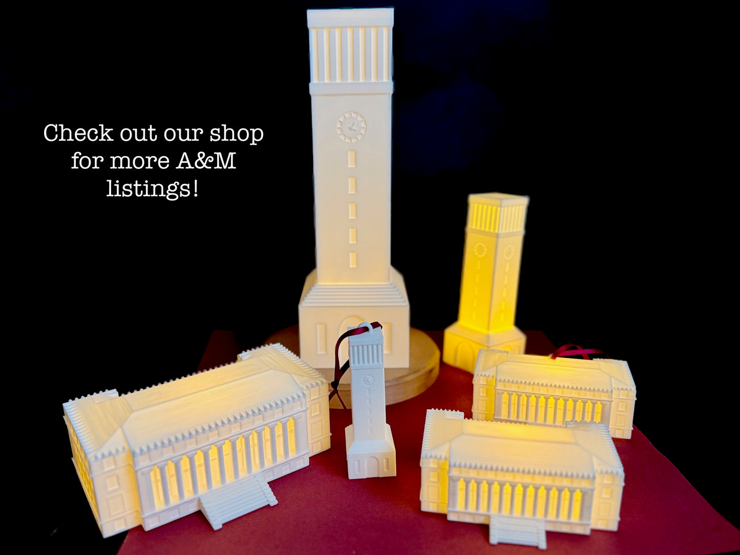 The 3D printed Texas A&M gift collection, shown grouped together.
