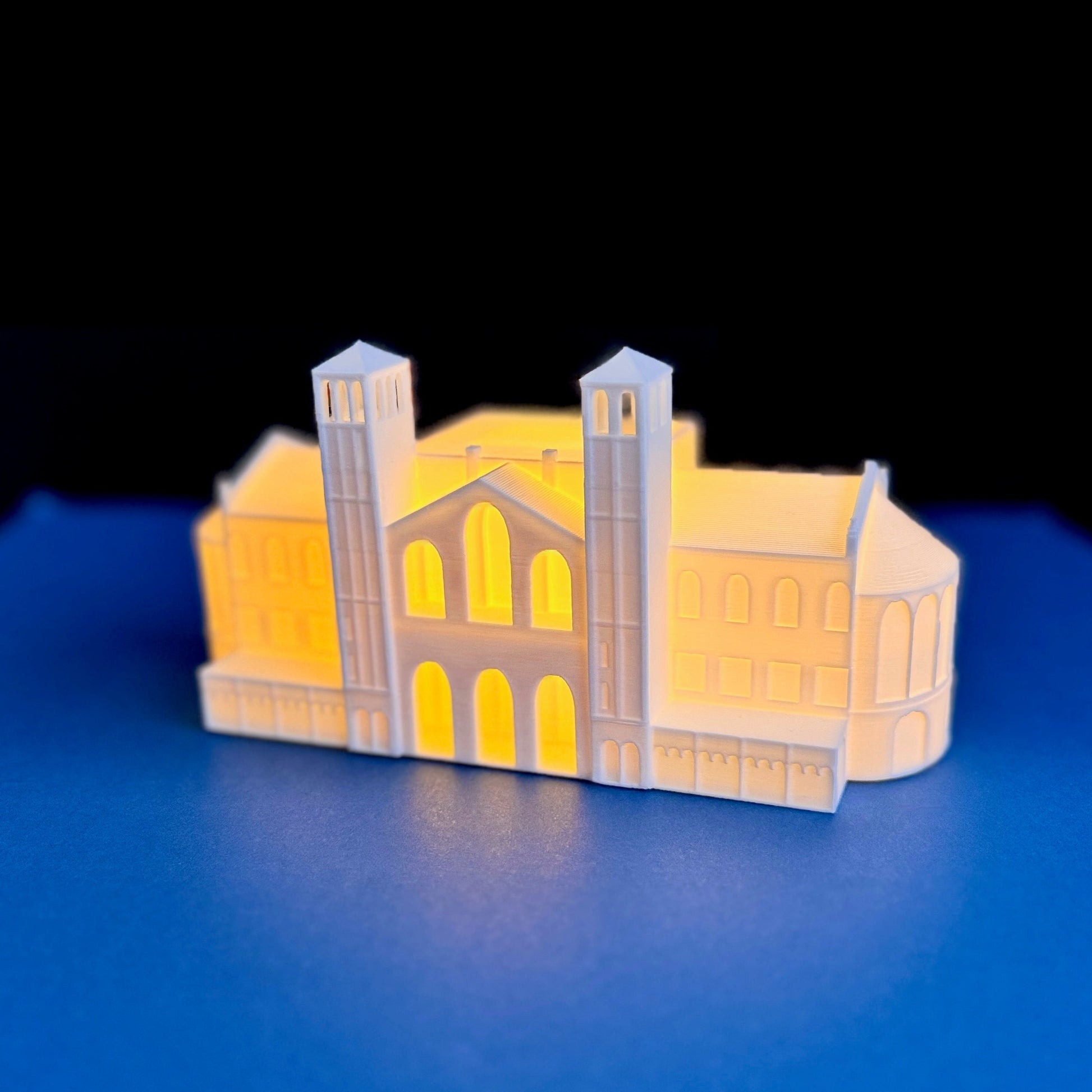 Side view of the Royce Hall figurine for UCLA fans.