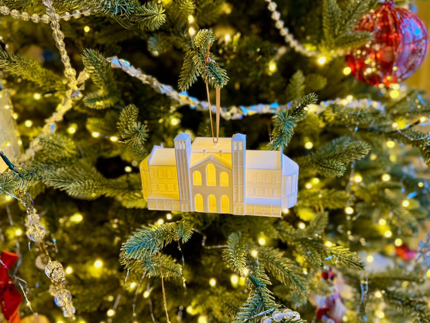 Illuminated 3D model of UCLA Royce Hall for holiday tree