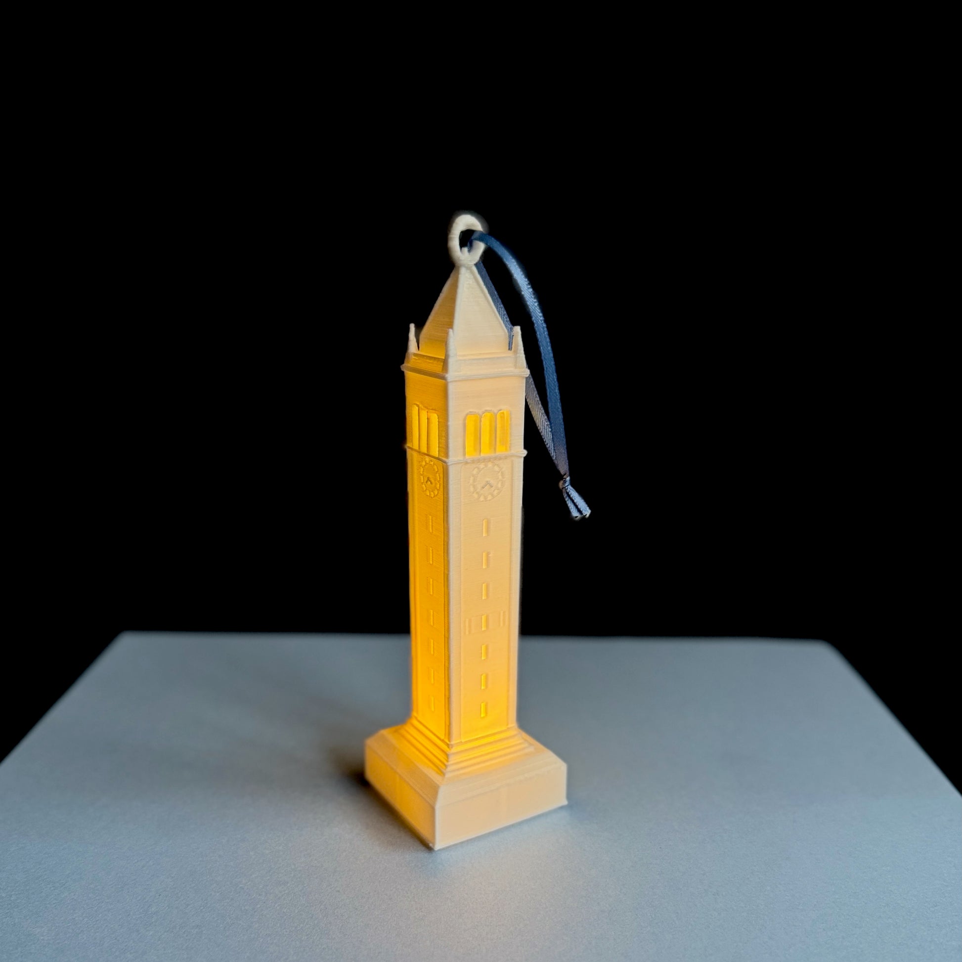 UC Berkeley Ornament with a light, designed as a replica of Sather Tower.