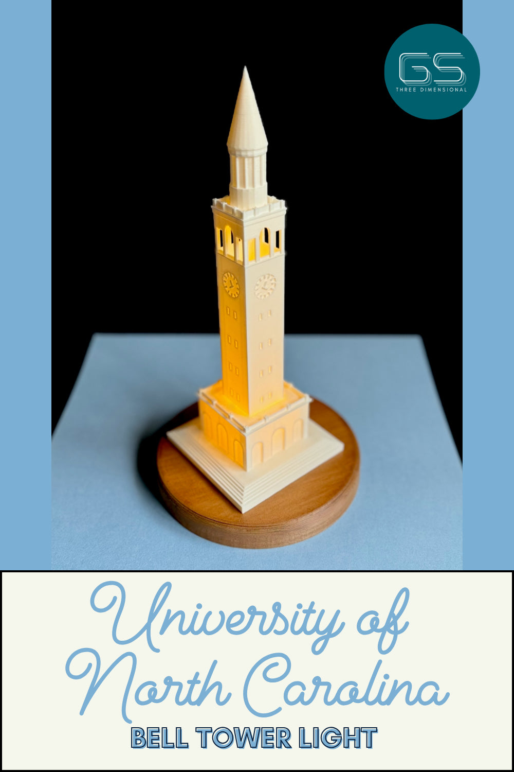 The UNC Bell Tower Light, 3d printed with an LED light, designed for University of North Carolina students, alumni, and fans.