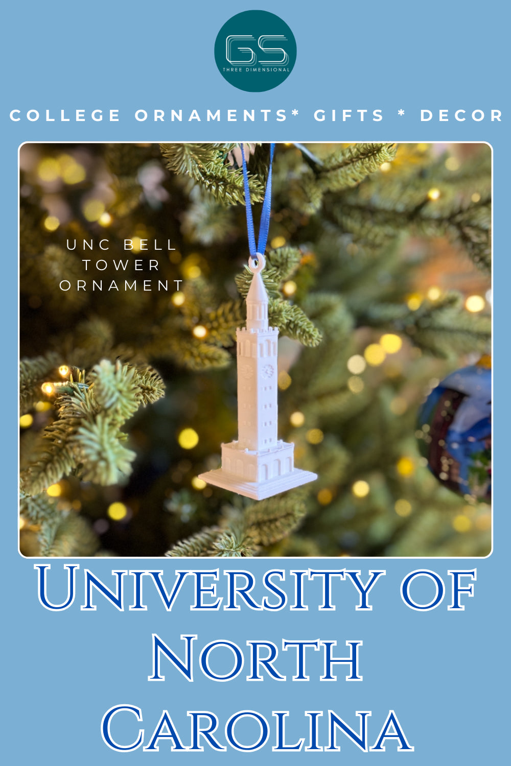 The UNC Bell Tower ornament shown on a Christmas tree for Tar Heels fans.