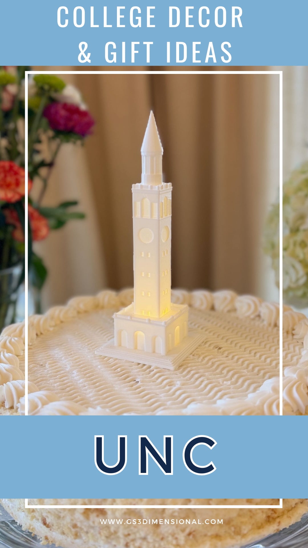 The UNC cake topper designed as the bell tower and shown on a graduation cake.