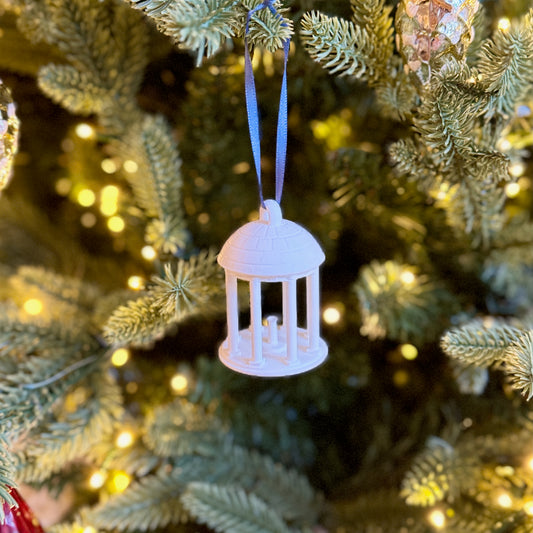 Closeup of the Old Well ornament on a UNC tree.
