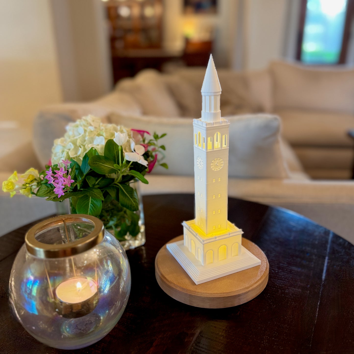 Glowing UNC Bell Tower lamp as office or home décor accent