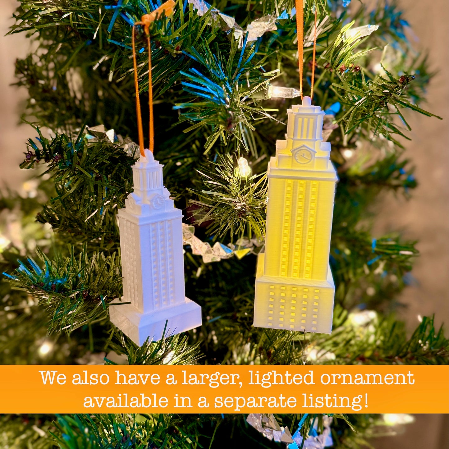 The LED lighted UT Tower ornament on a Christmas tree.
