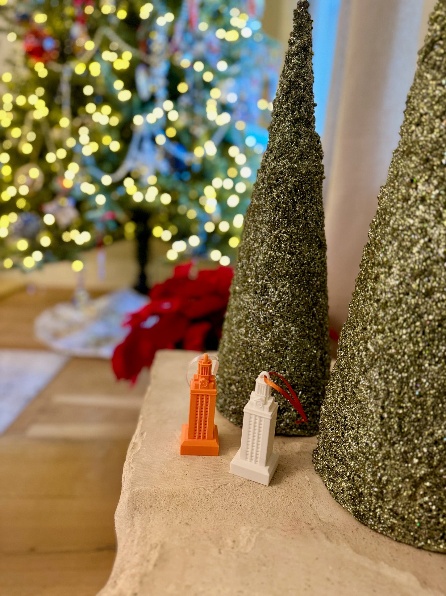 UT Austin ornaments shown in a home decorated for Christmas.