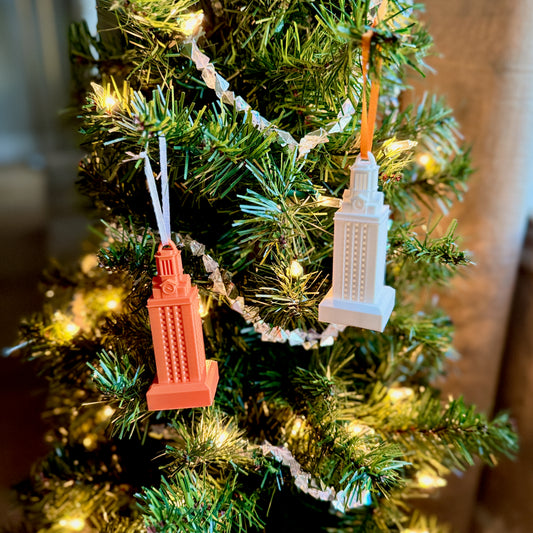 The UT Tower ornaments, shown on a christmas tree