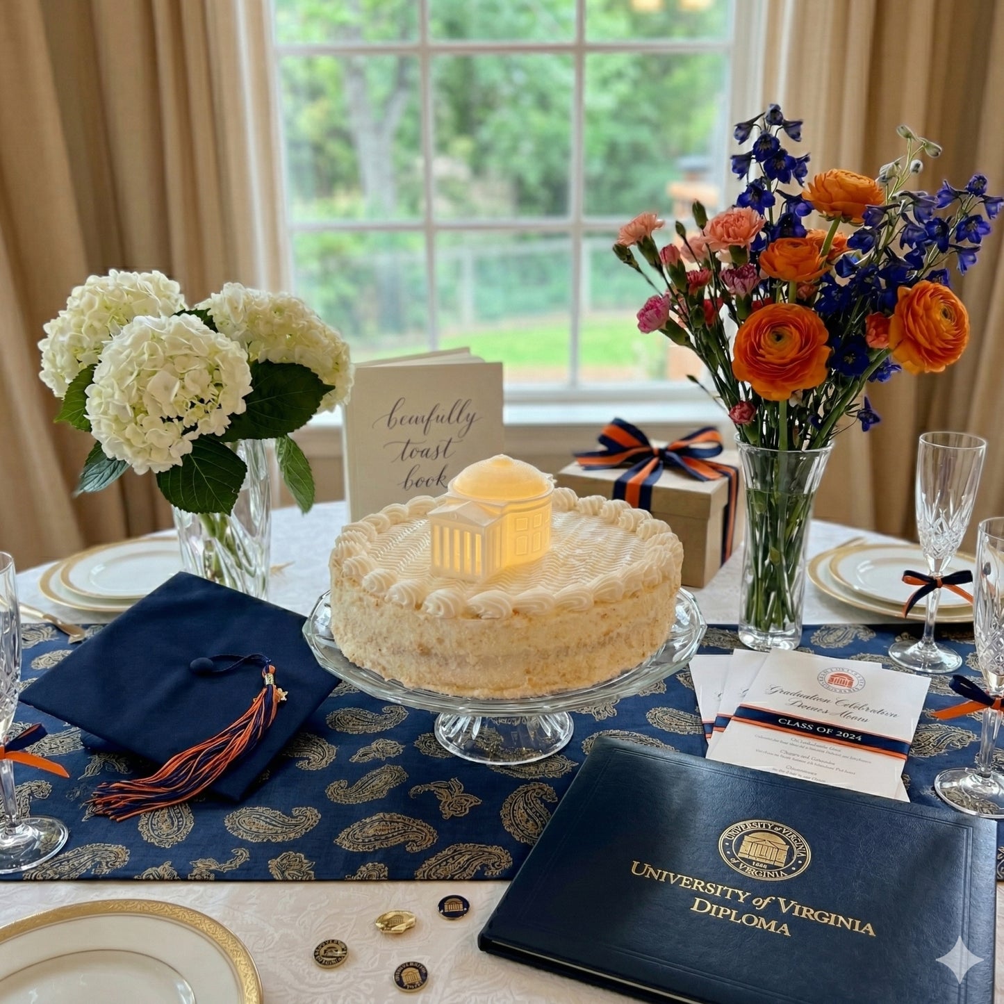 The UVA Rotunda lighted figurine used as a party decoration and cake topper at a University of Virginia graduation party.