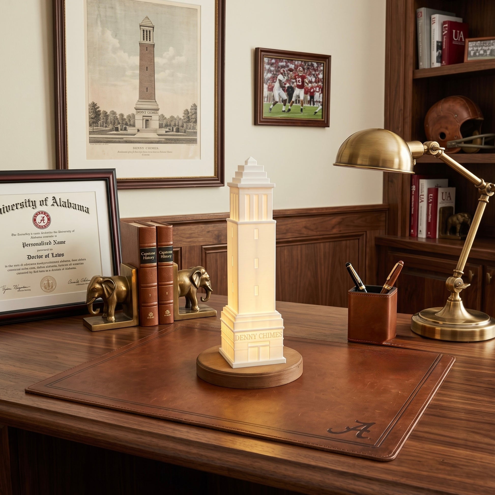 The University of Alabama Denny Chimes light, shown as office decor for a Bama alumni.