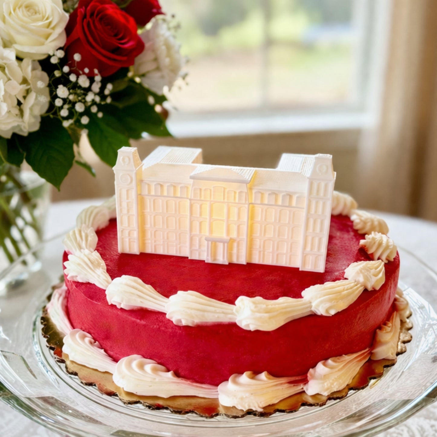 A University of Arkansas cake topper designed to look like the Old Main building on the Fayetteville campus.