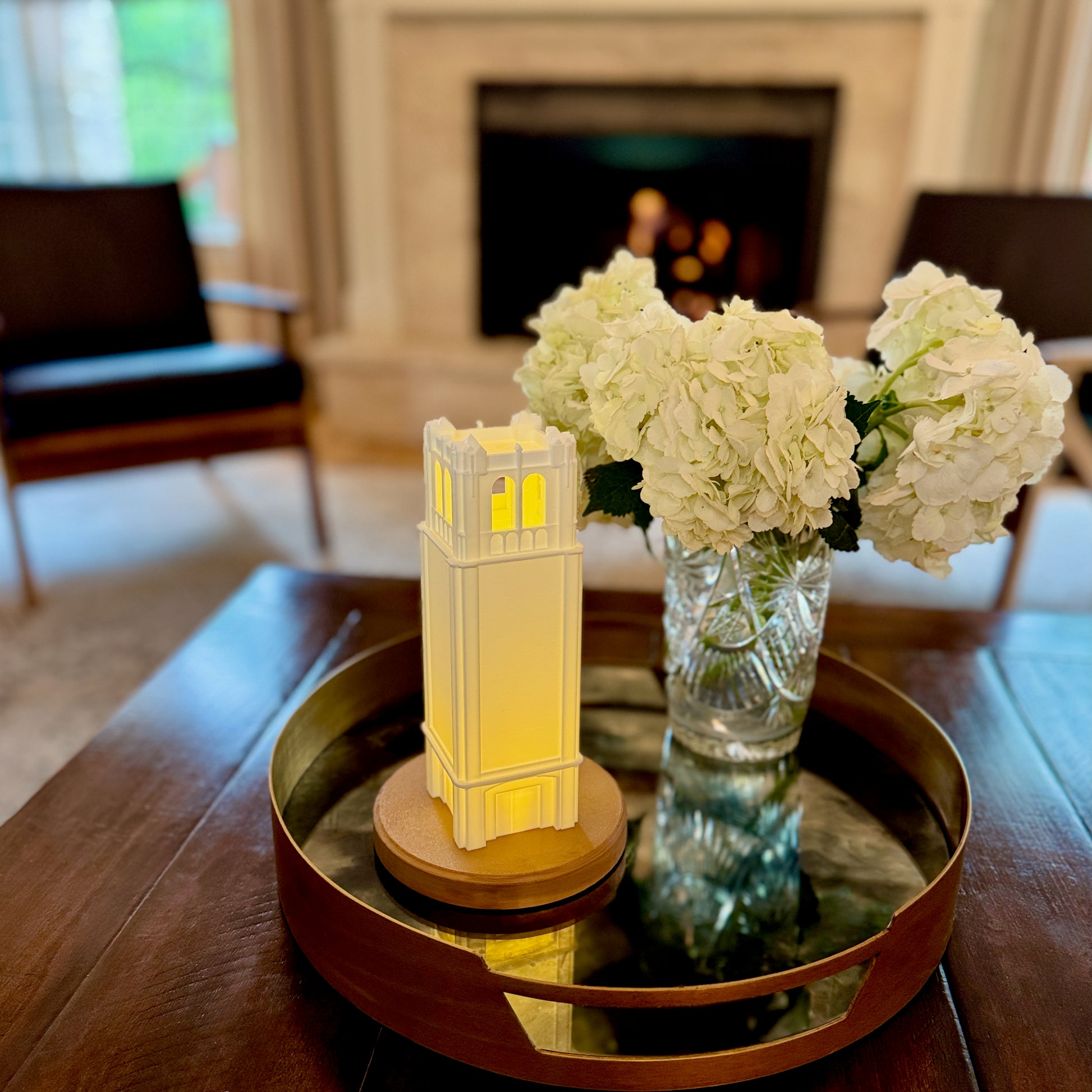 The University of Florida Century Tower Light, used as home decor and shown on a living room tray.