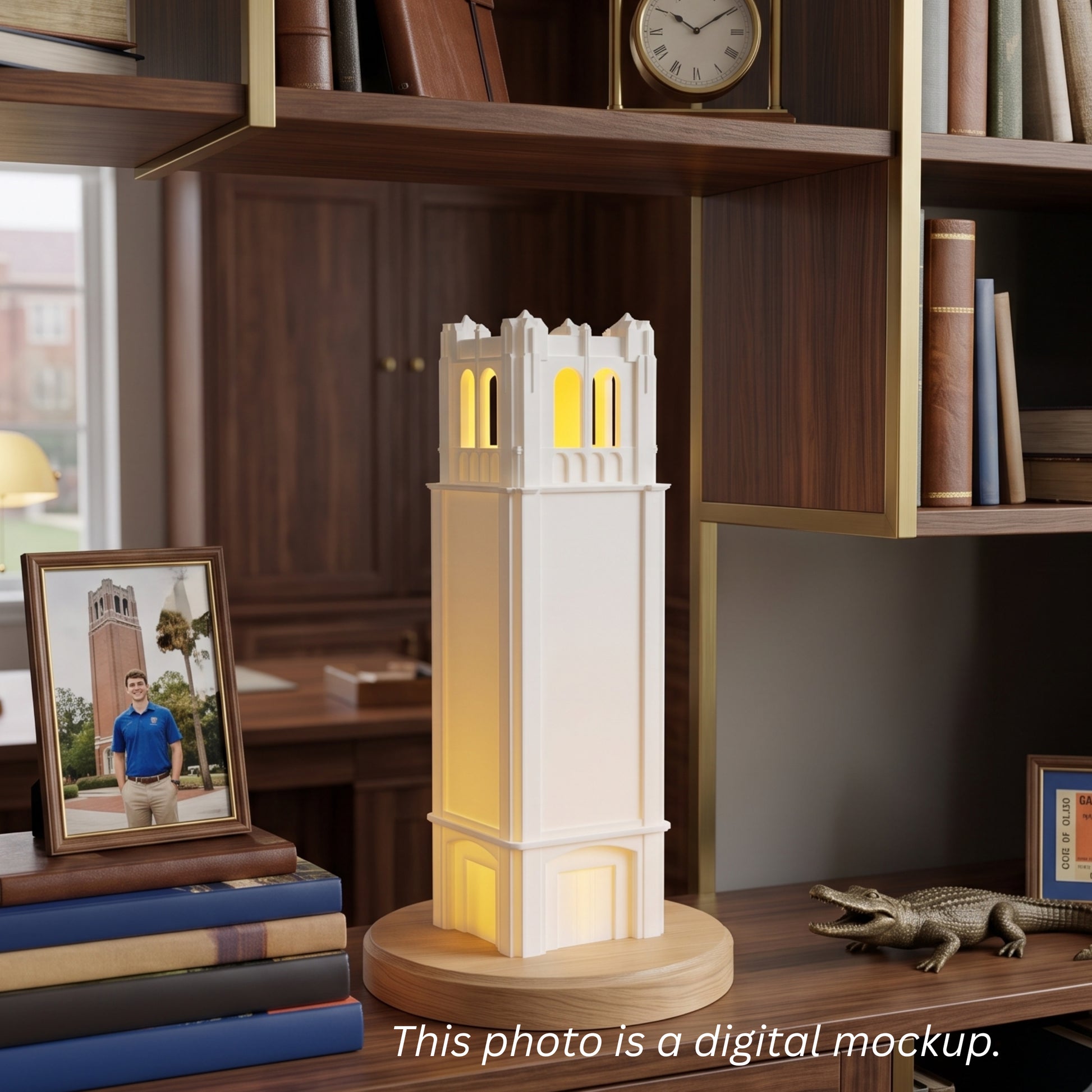 The University of Florida Century Tower LED lamp, shown on a shelf in the office of a UF alumni.