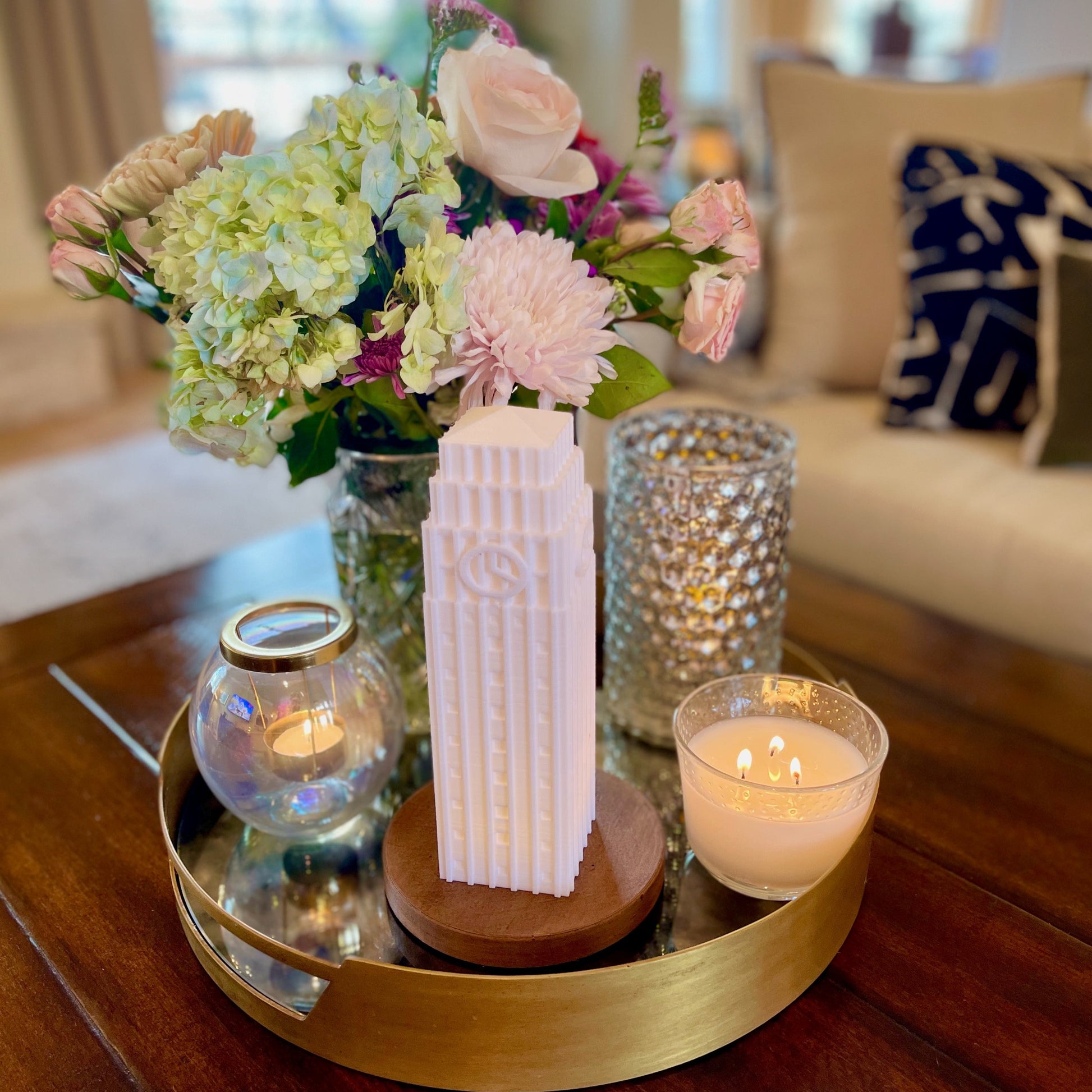 The University of Michigan Lamp used as dorm decor on a side table.