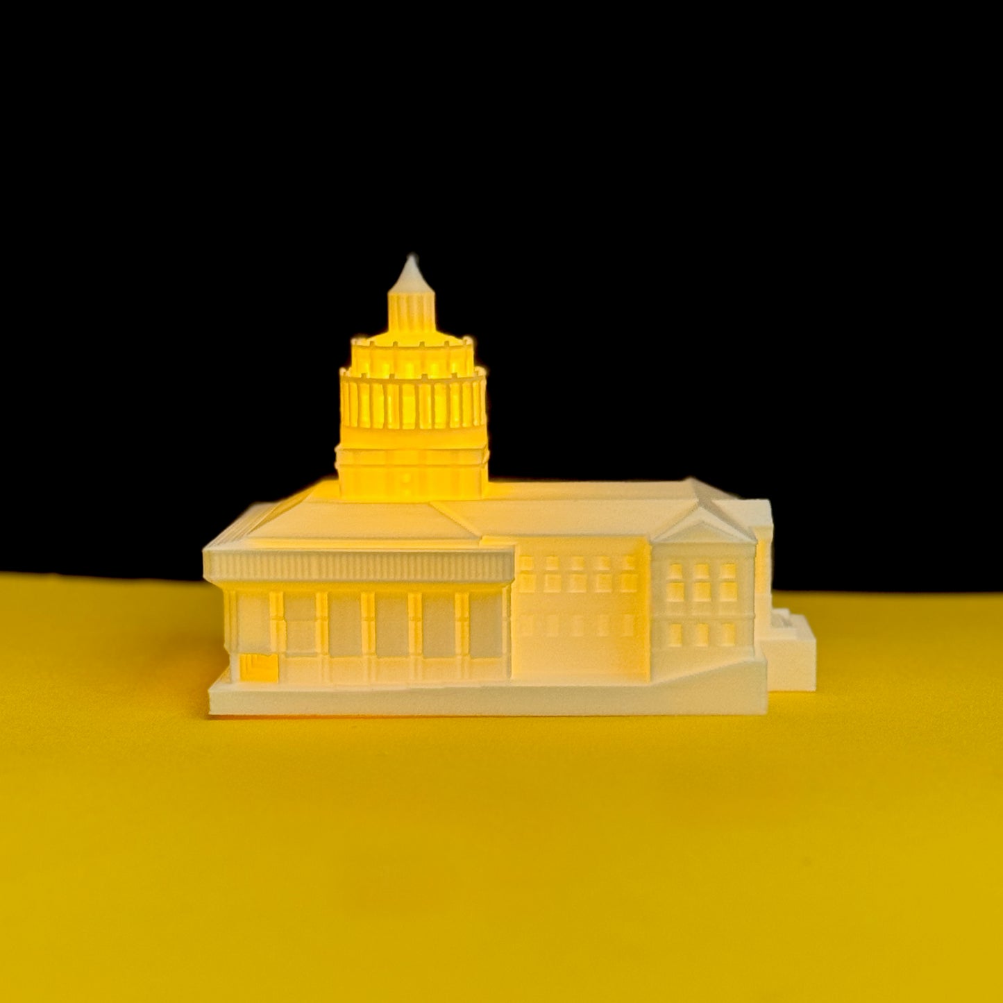 Detailed 3D printed dome and tower of the University of Rochester Rush Rhees Library with LED lighting
