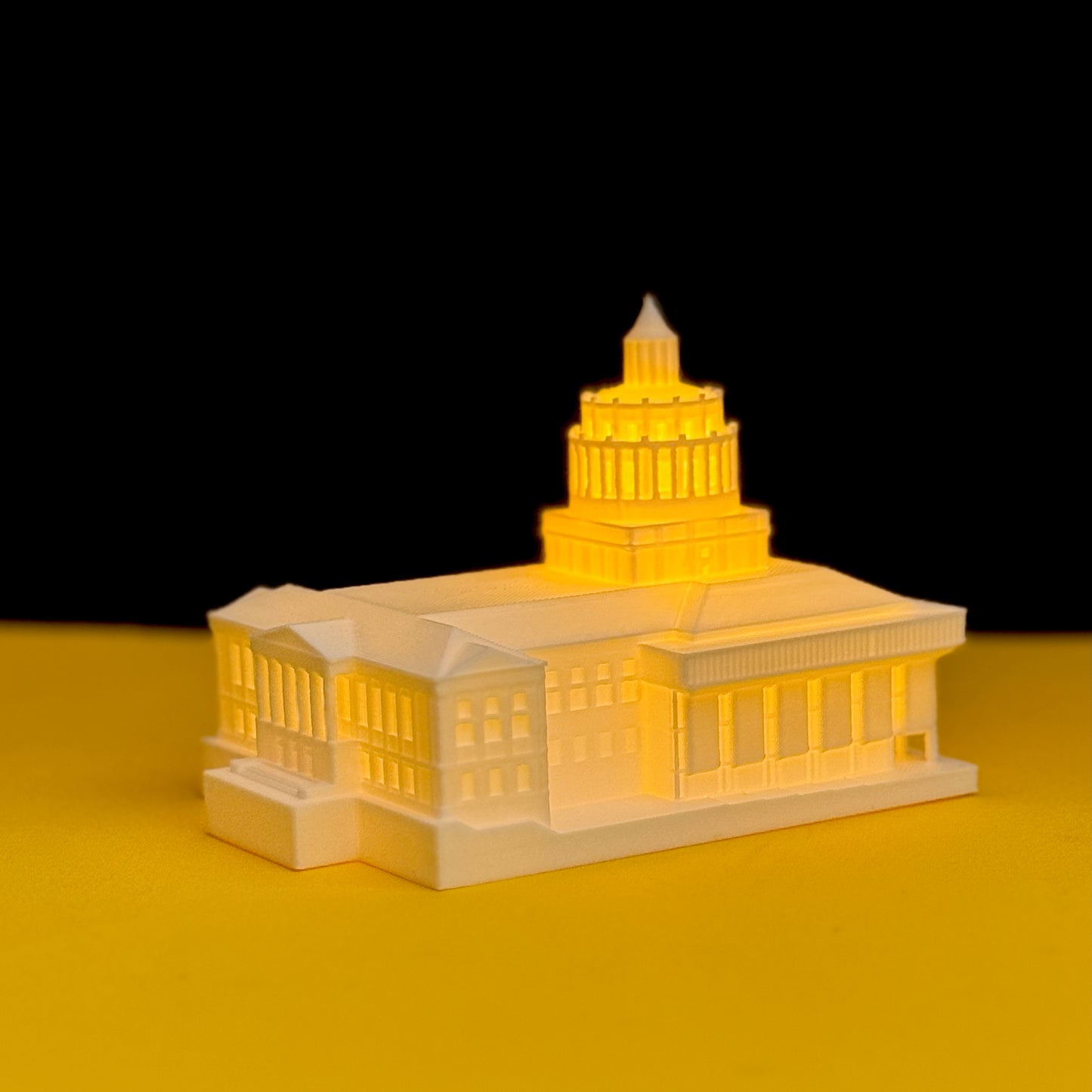Side view of illuminated University of Rochester Rush Rhees Library 3D printed collectible