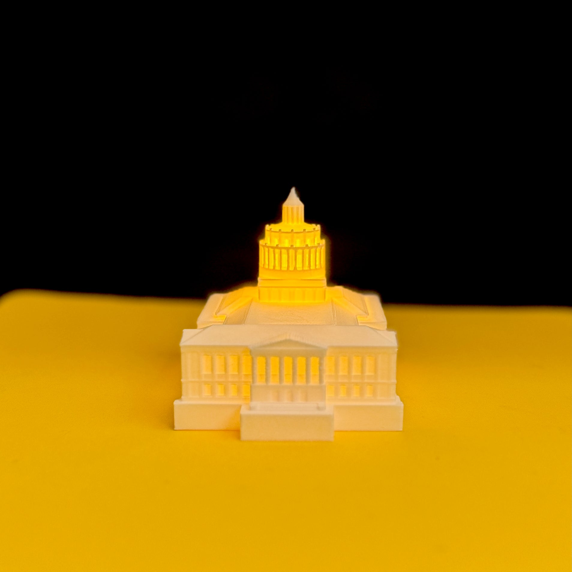Unlit 3D printed model of the University of Rochester Rush Rhees Library showing architectural details