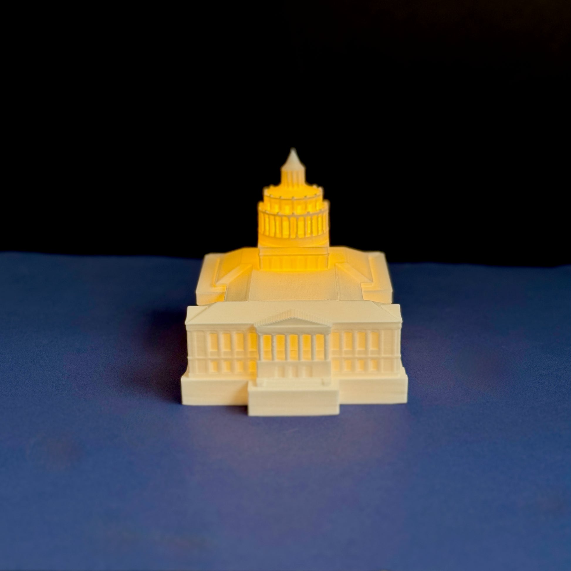 Close-up of 3D printed steps and entrance of the University of Rochester Rush Rhees Library figurine
