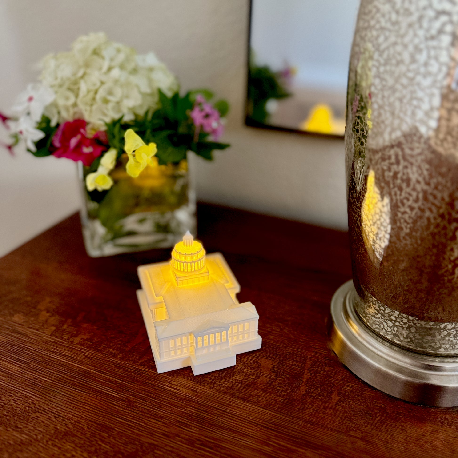 Close-up of 3D printed steps and entrance of the University of Rochester Rush Rhees Library figurine, used as a graduation gift.