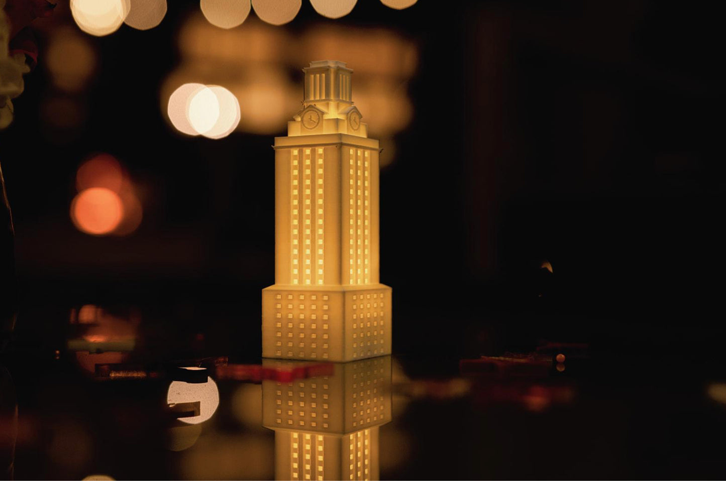 Handcrafted UT Tower model with built-in LED illumination for display or home décor.