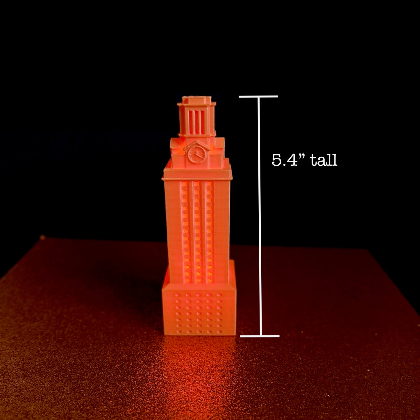 The lighted University of Texas figurine, showing the dimensions of this UT Tower gift.