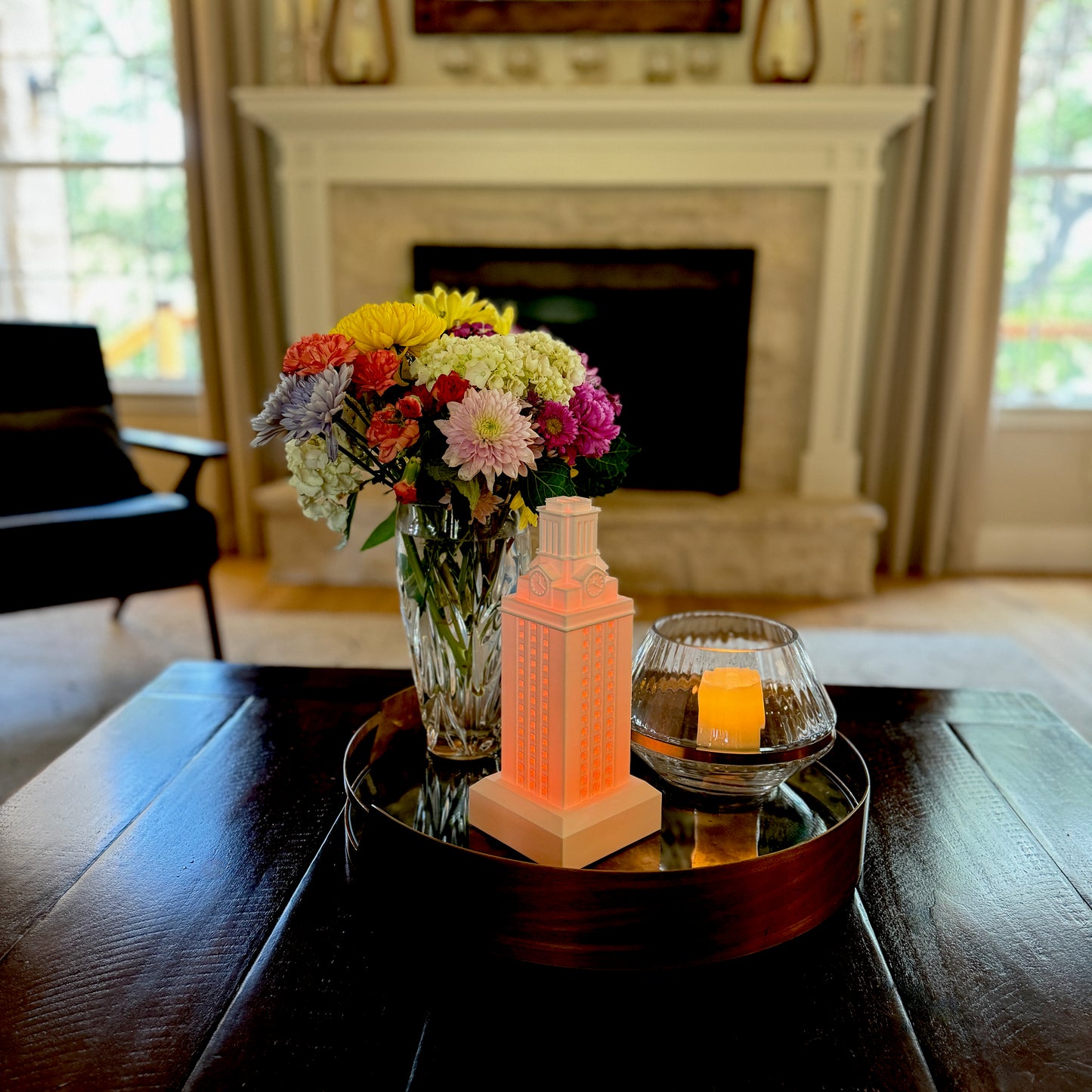 The University of Texas dorm decoration, designed as a replica of the UT Tower and made with a burnt orange light.