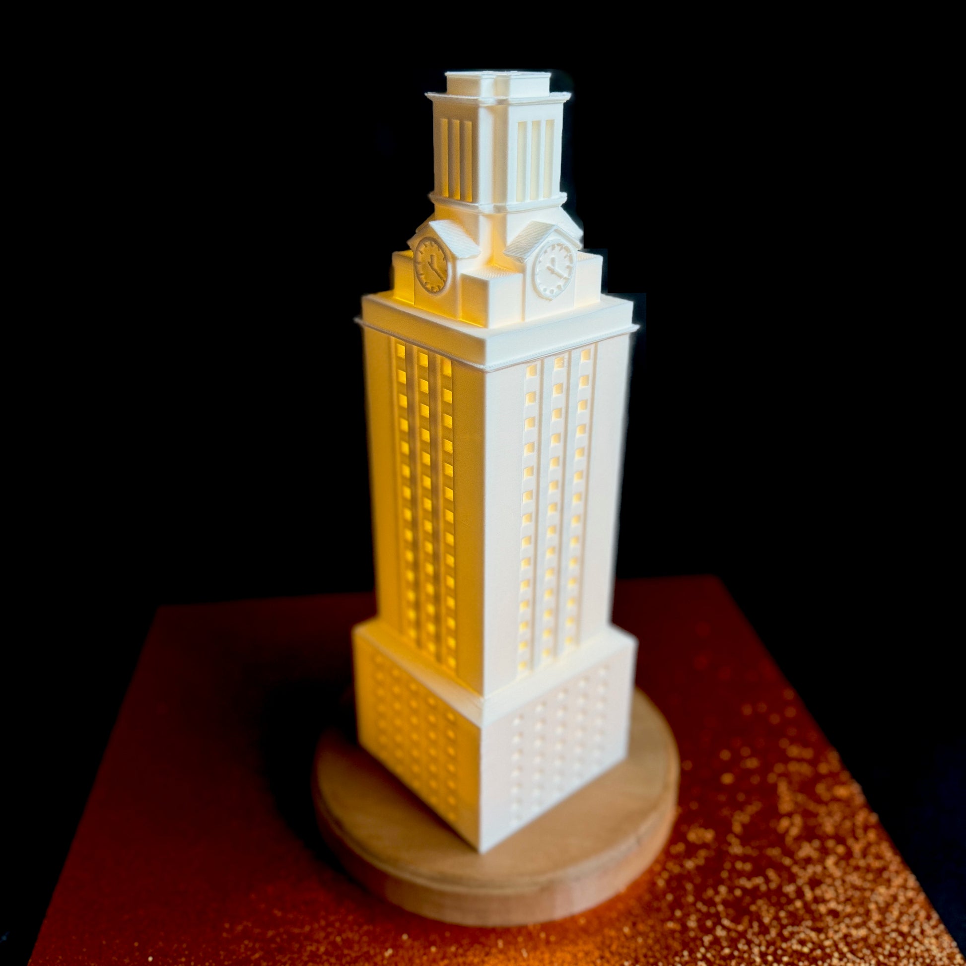 The University of Texas lamp, designed as a replica of the UT Tower in Austin.