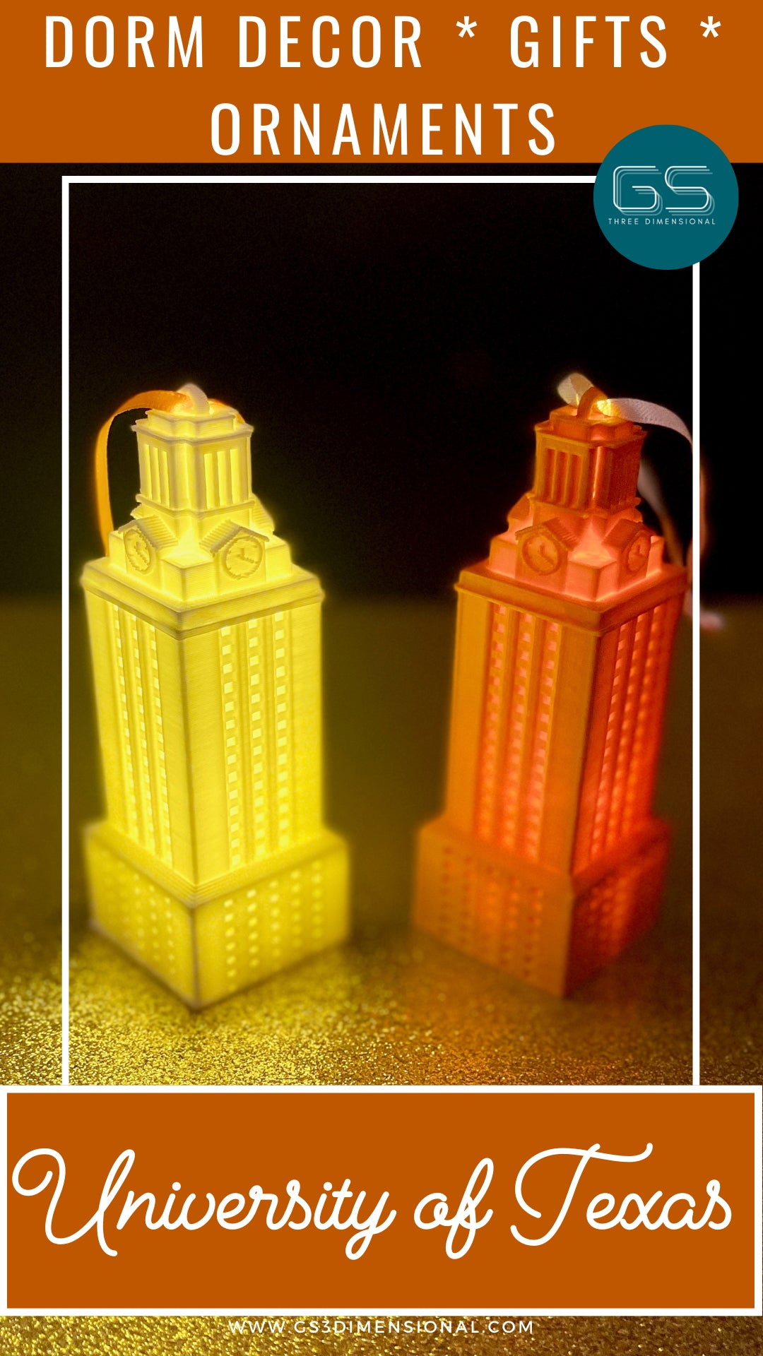 The lighted University of Texas ornaments depicting the UT Tower.