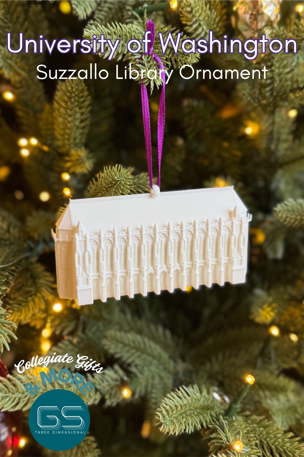 University of Washington Suzzallo Library ornament on a Christmas tree with 'Collegiate Gifts' branding.