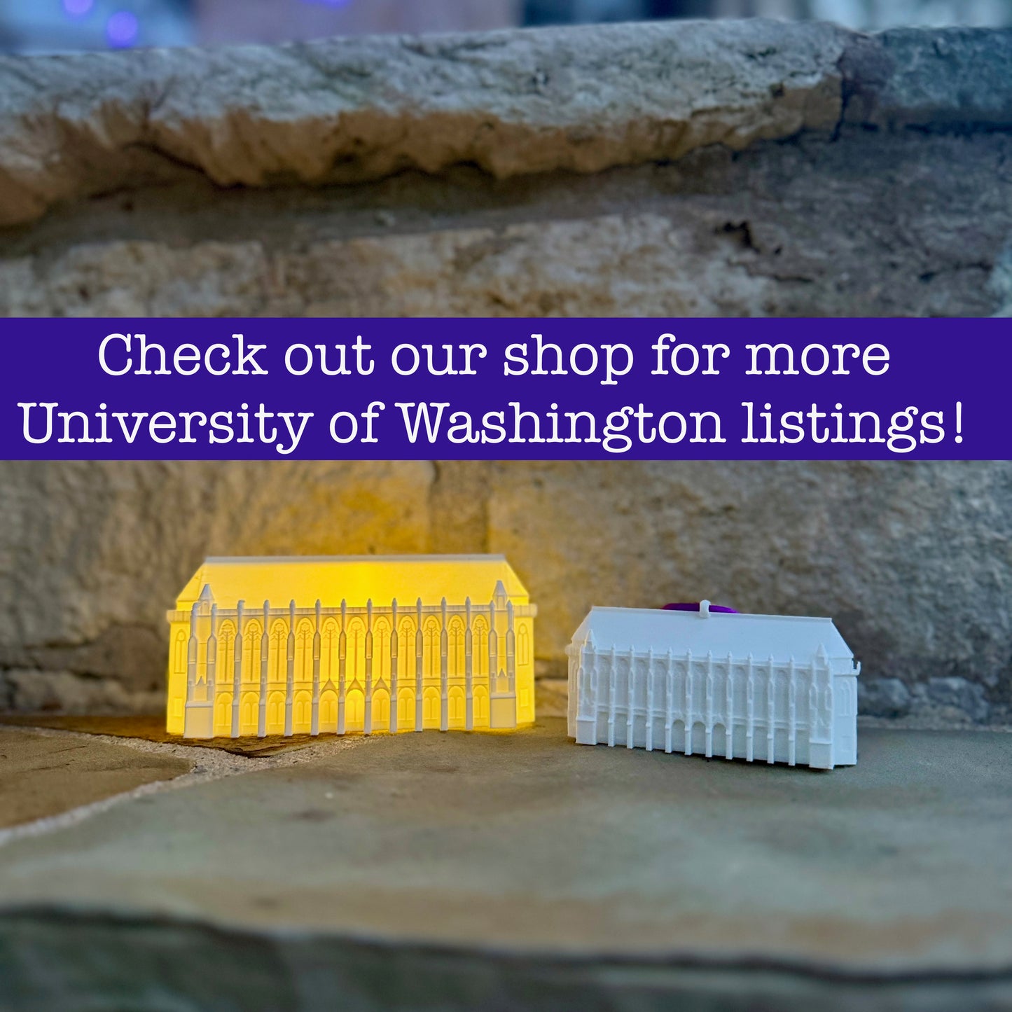 A gift collection for University of Washington alumni and fans, including an ornament and an LED lighted figurine of the Suzzallo Library.