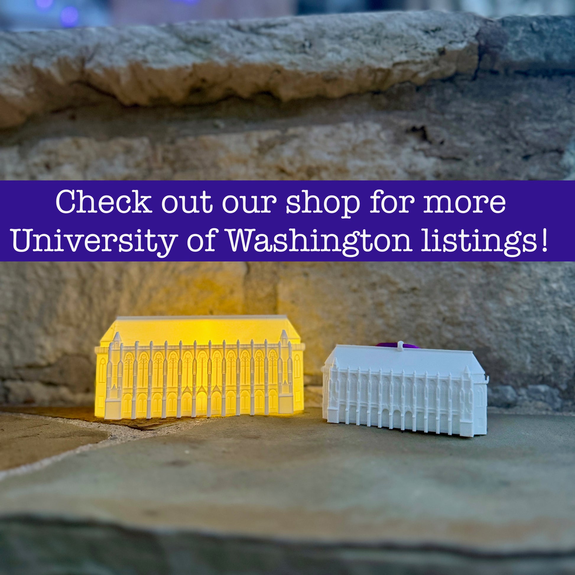 A gift collection for University of Washington alumni and fans, including an ornament and an LED lighted figurine of the Suzzallo Library.