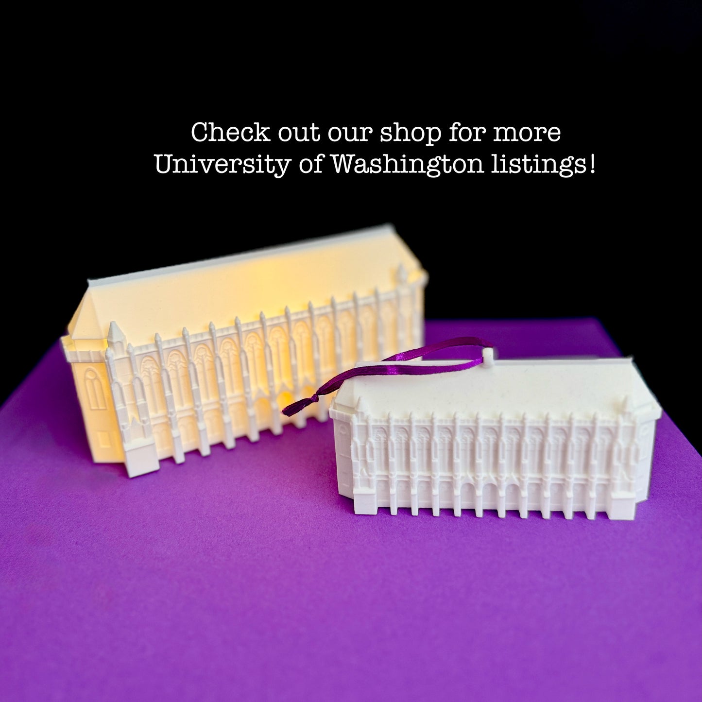 Suzzallo Library UW building replica with LED – thoughtful University of Washington graduation or retirement gift, available as a figurine or as an ornament.