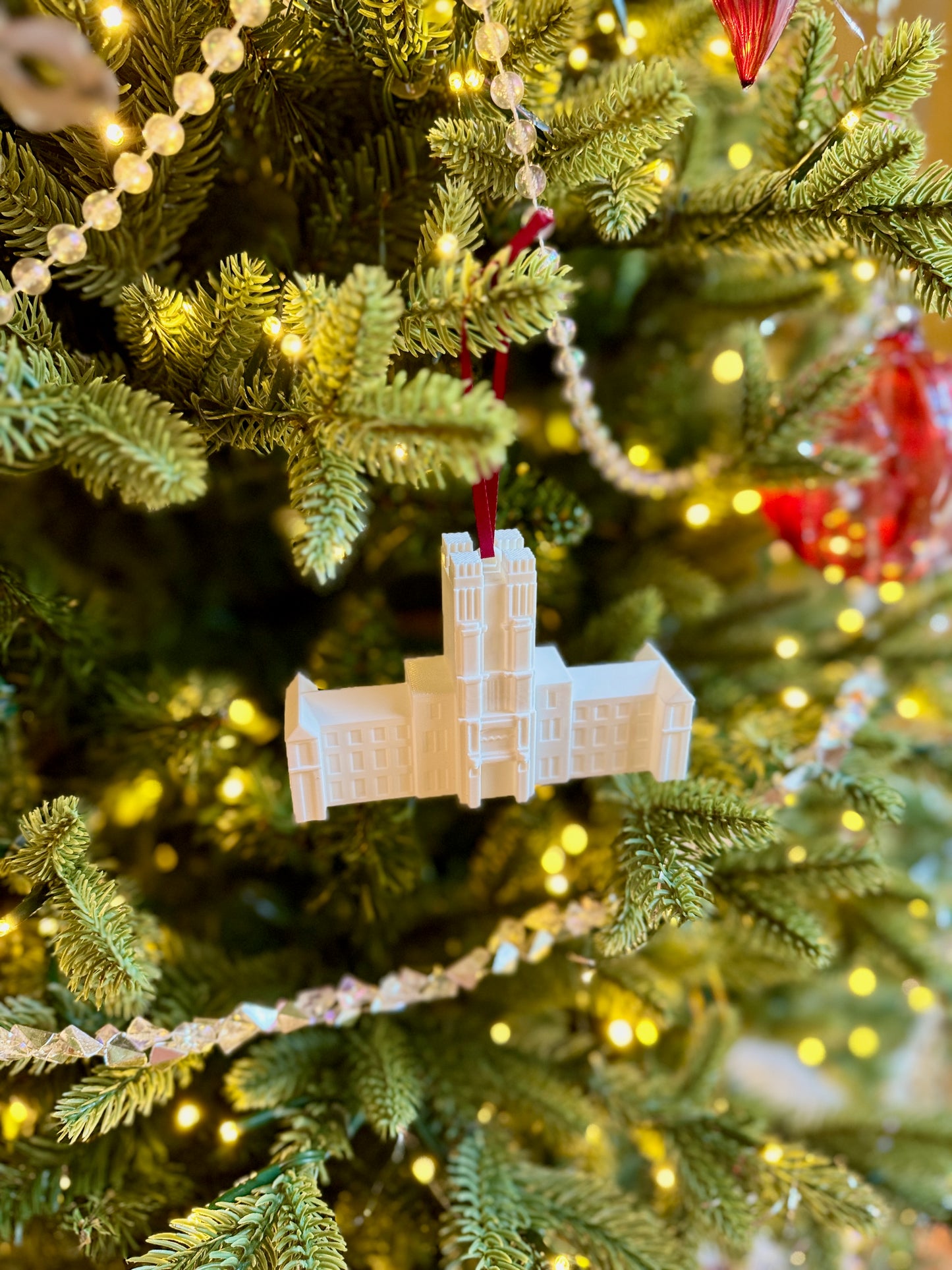 The VT ornament for Hokies fans, shown on a Christmas tree.