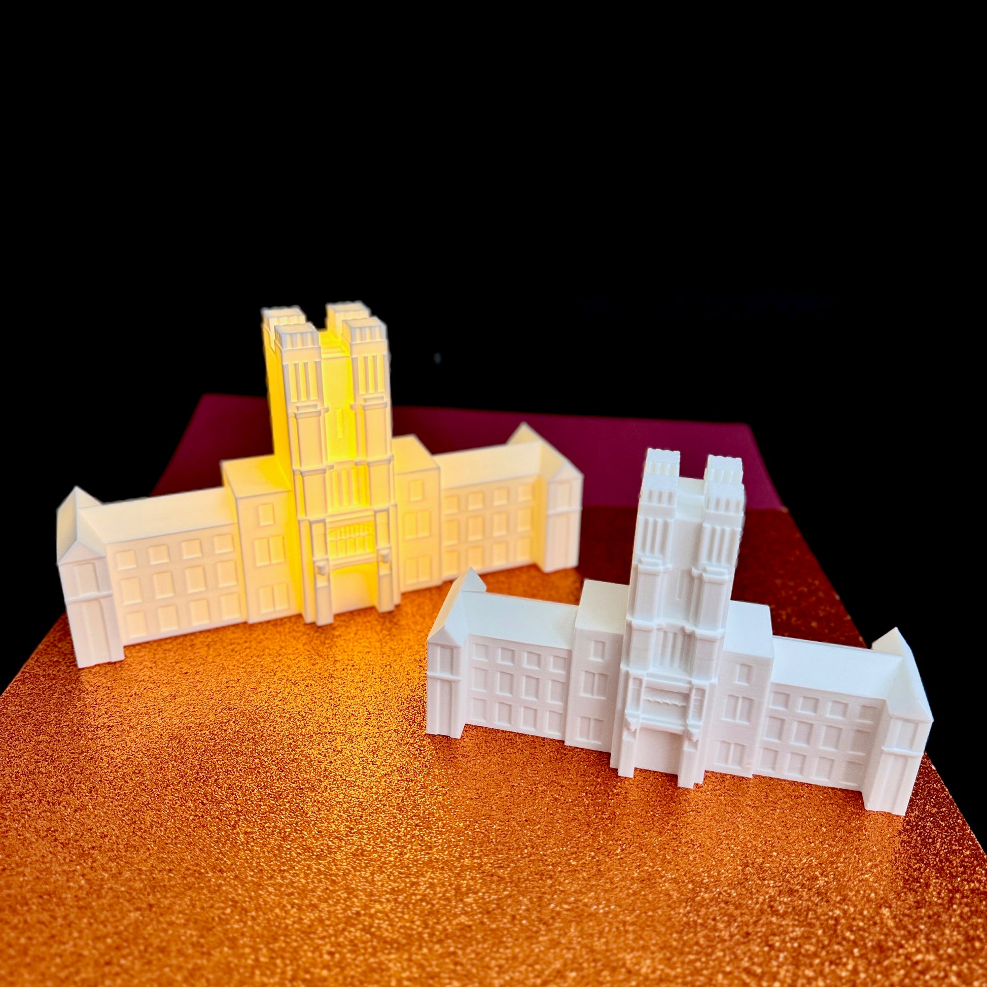 Large and small Burruss Hall models shown together as Virginia Tech graduation keepsake options
