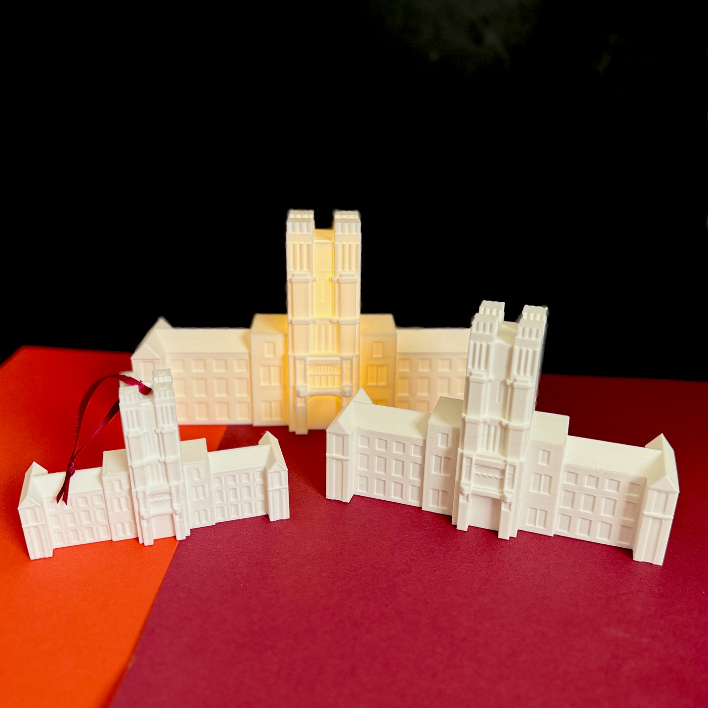 Virginia Tech gift collection of Burruss Hall figurines and ornaments.