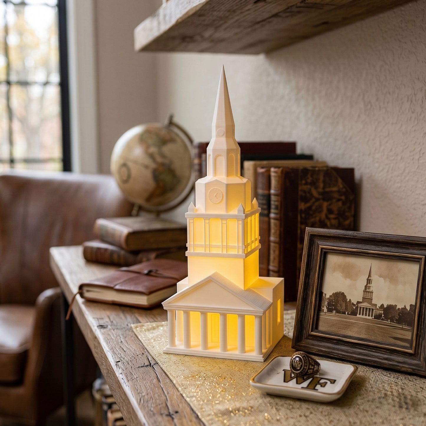 The Wait Chapel lighted figurine, used as office decor for a Wake Forest alumni.