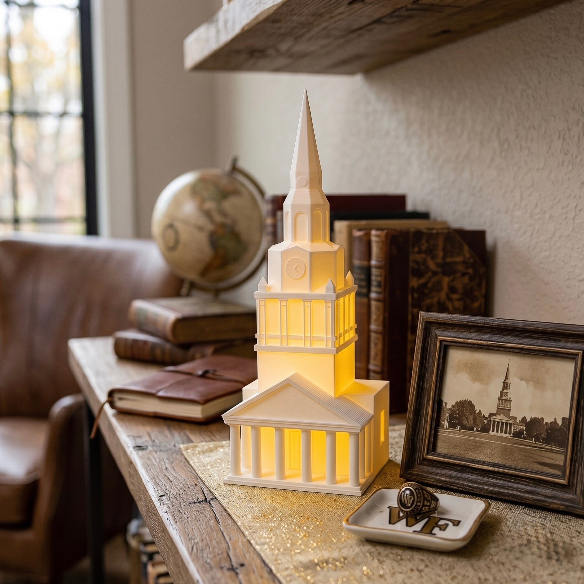 The Wait Chapel lighted figurine, used as office decor for a Wake Forest alumni.
