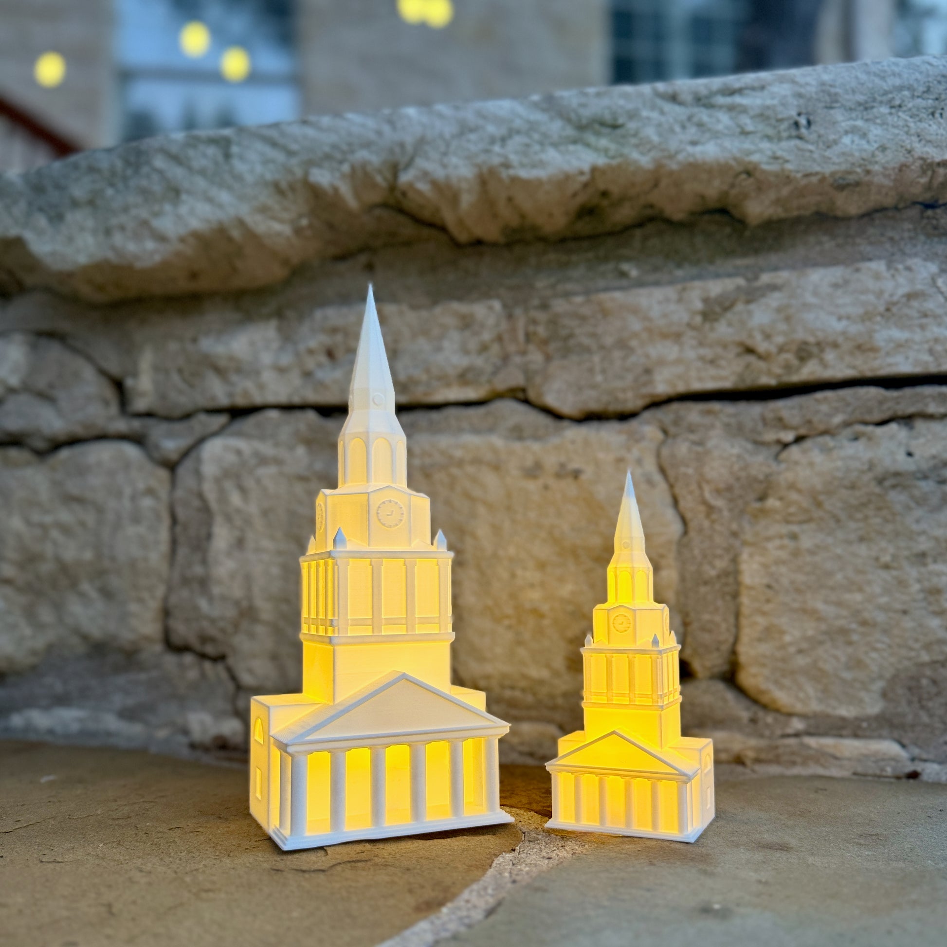 Wake Forest alumni keepsake figurines, LED lights designed as the Wait Chapel.