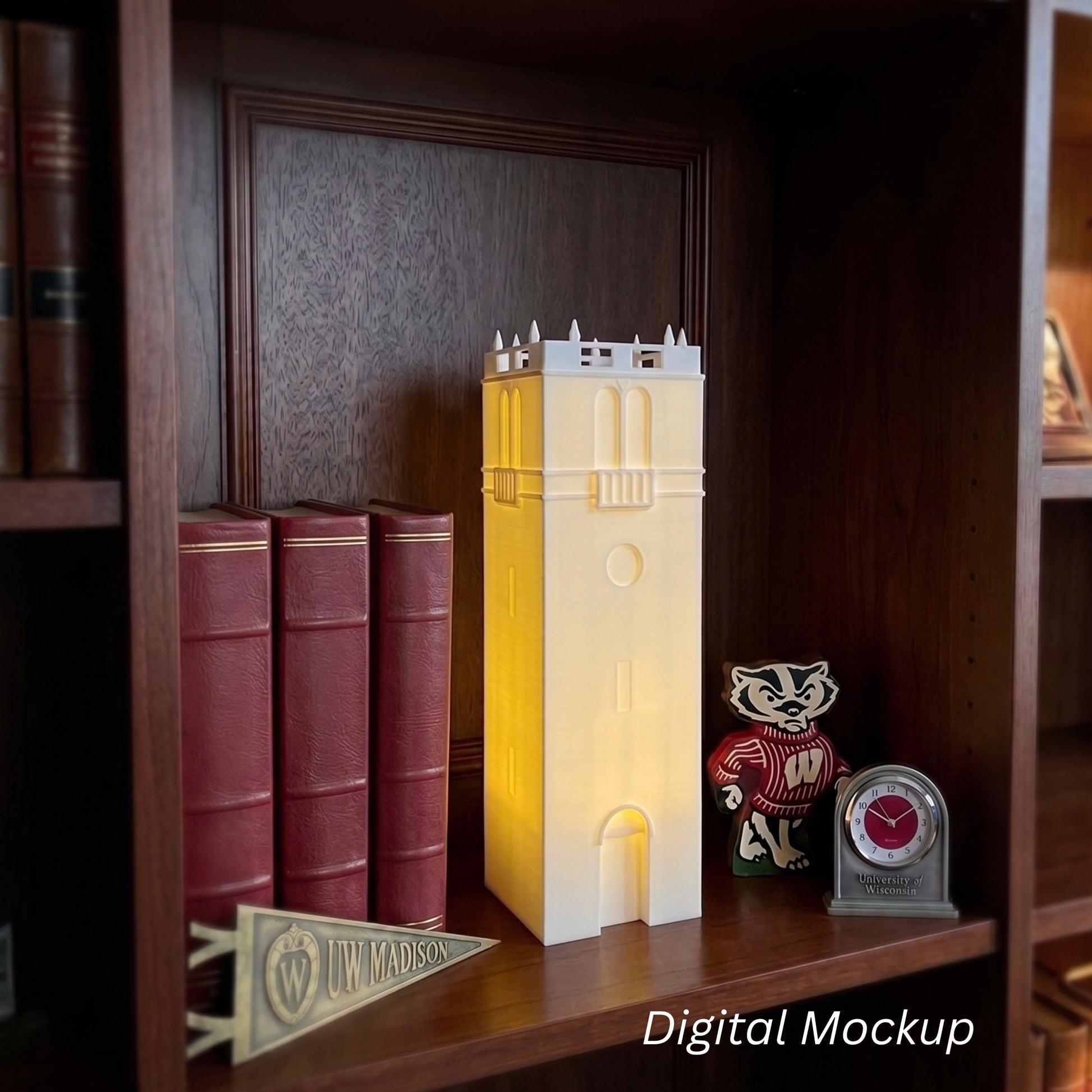 The University of Wisconsin lighted figurine representing the Tower building on campus and shown as office decor for a Badgers alumni.