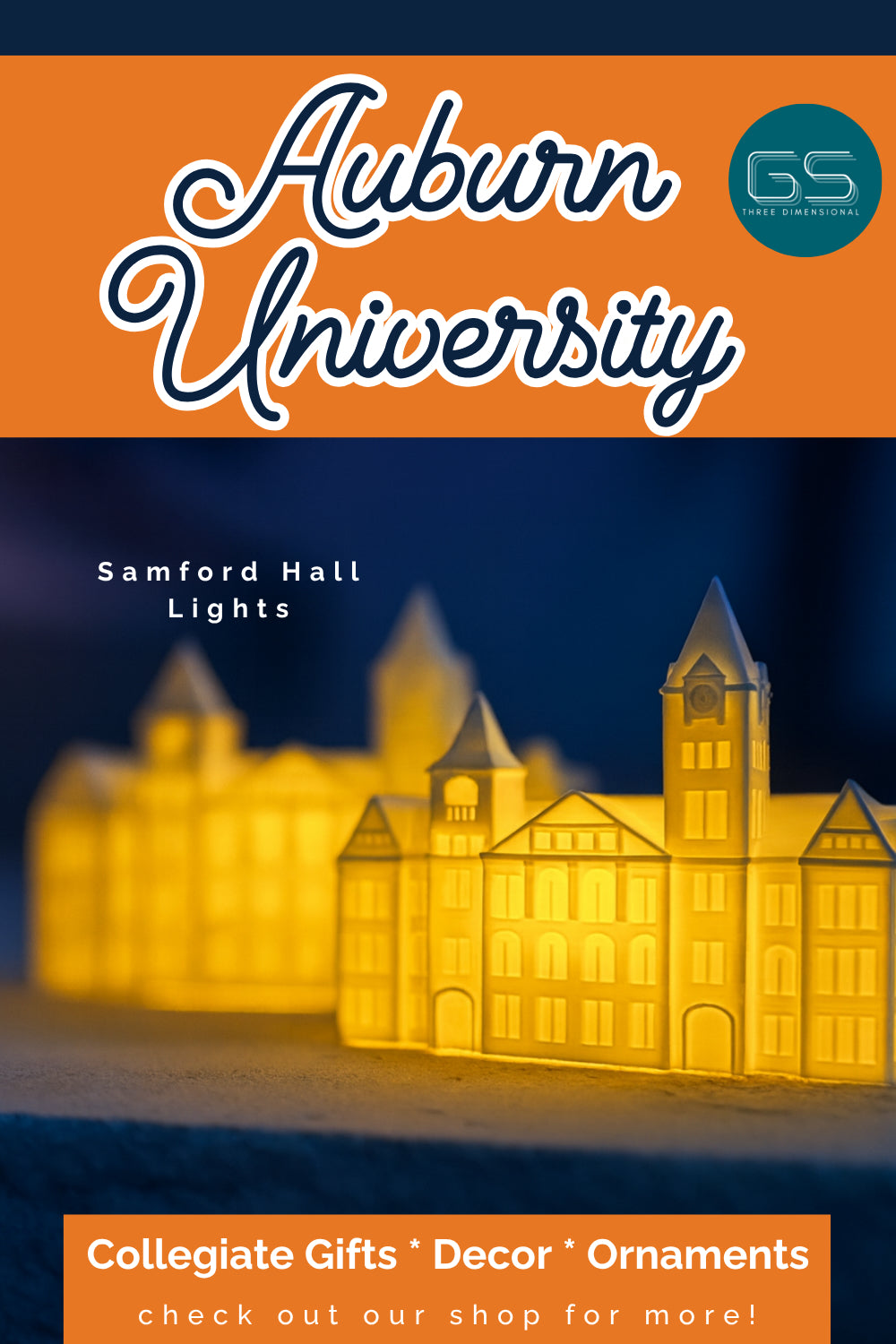 Decorative figurine of Samford Hall at Auburn University with glowing effect on a blue background.