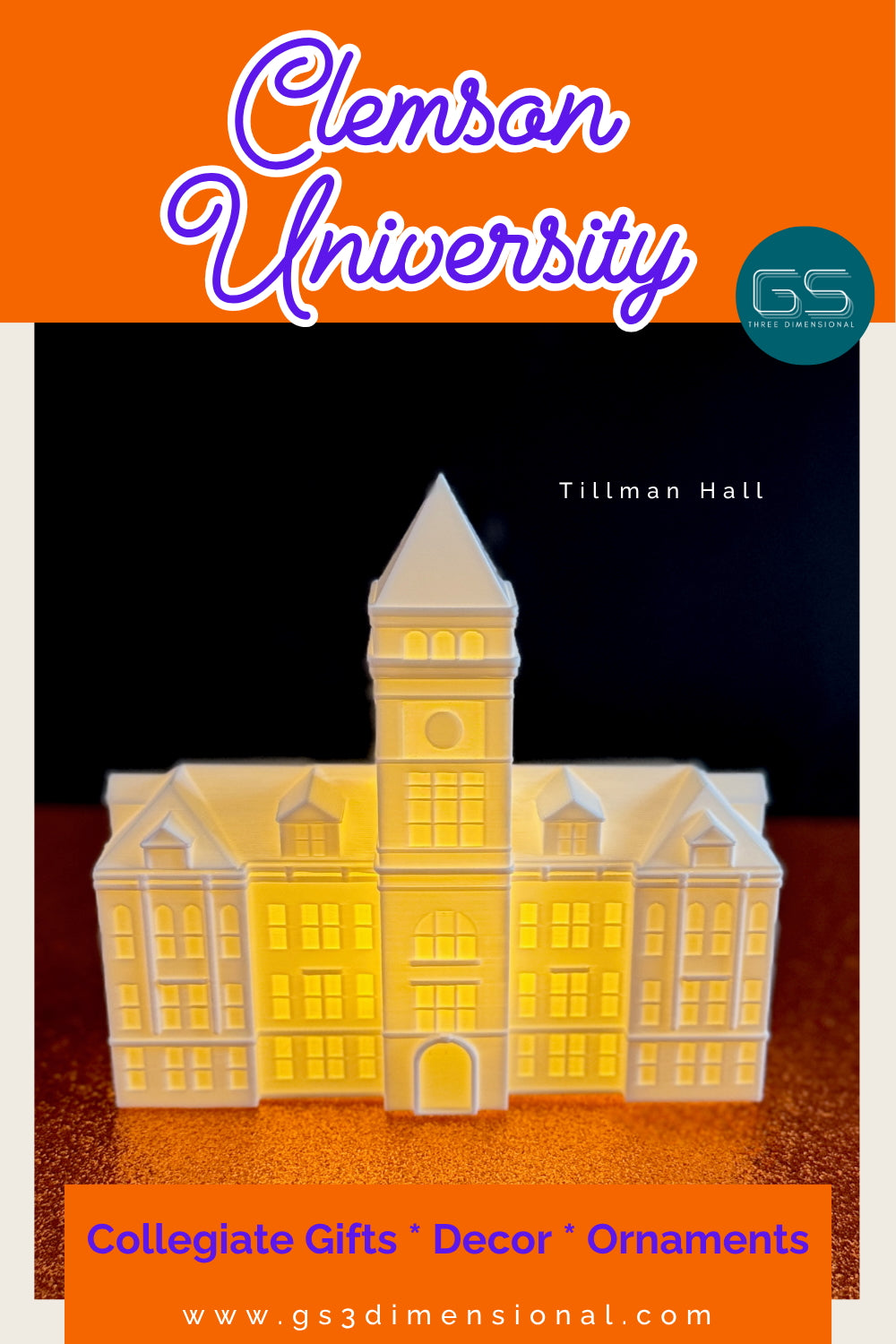 Model of Tillman Hall with 'Clemson University' text and GS logo on an orange background