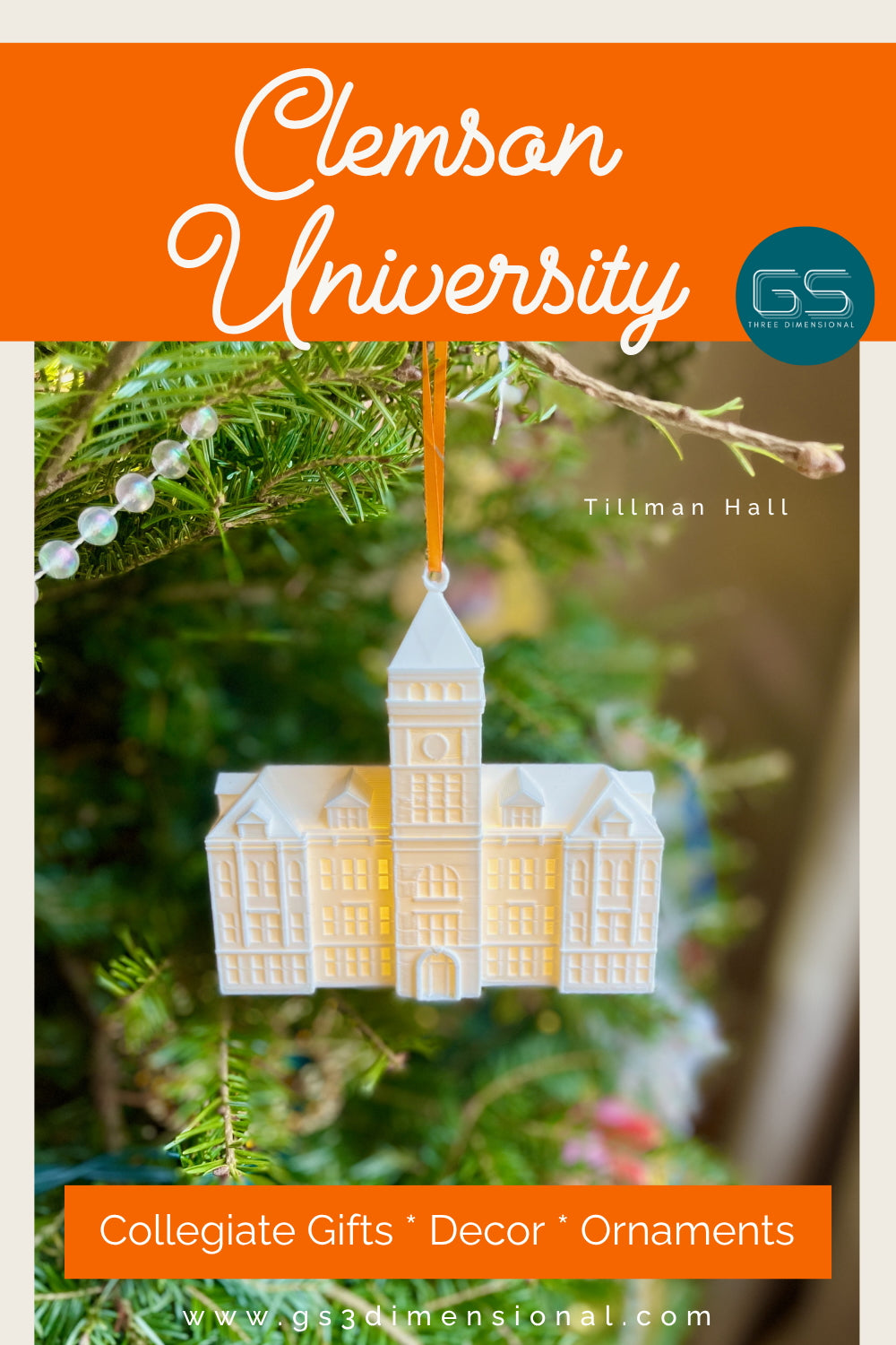 Decorative ornament of Tillman Hall on a tree with Clemson University text and GS Three Dimensional logo.