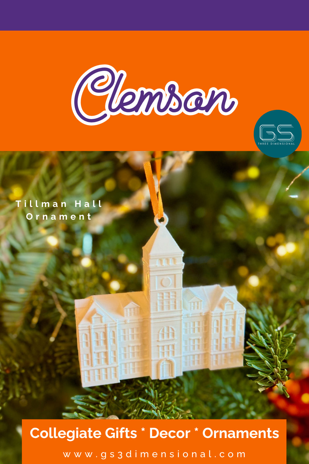 Decorative ornament of Tillman Hall on a Christmas tree with 'Clemson' text and GS Three Dimensional logo.